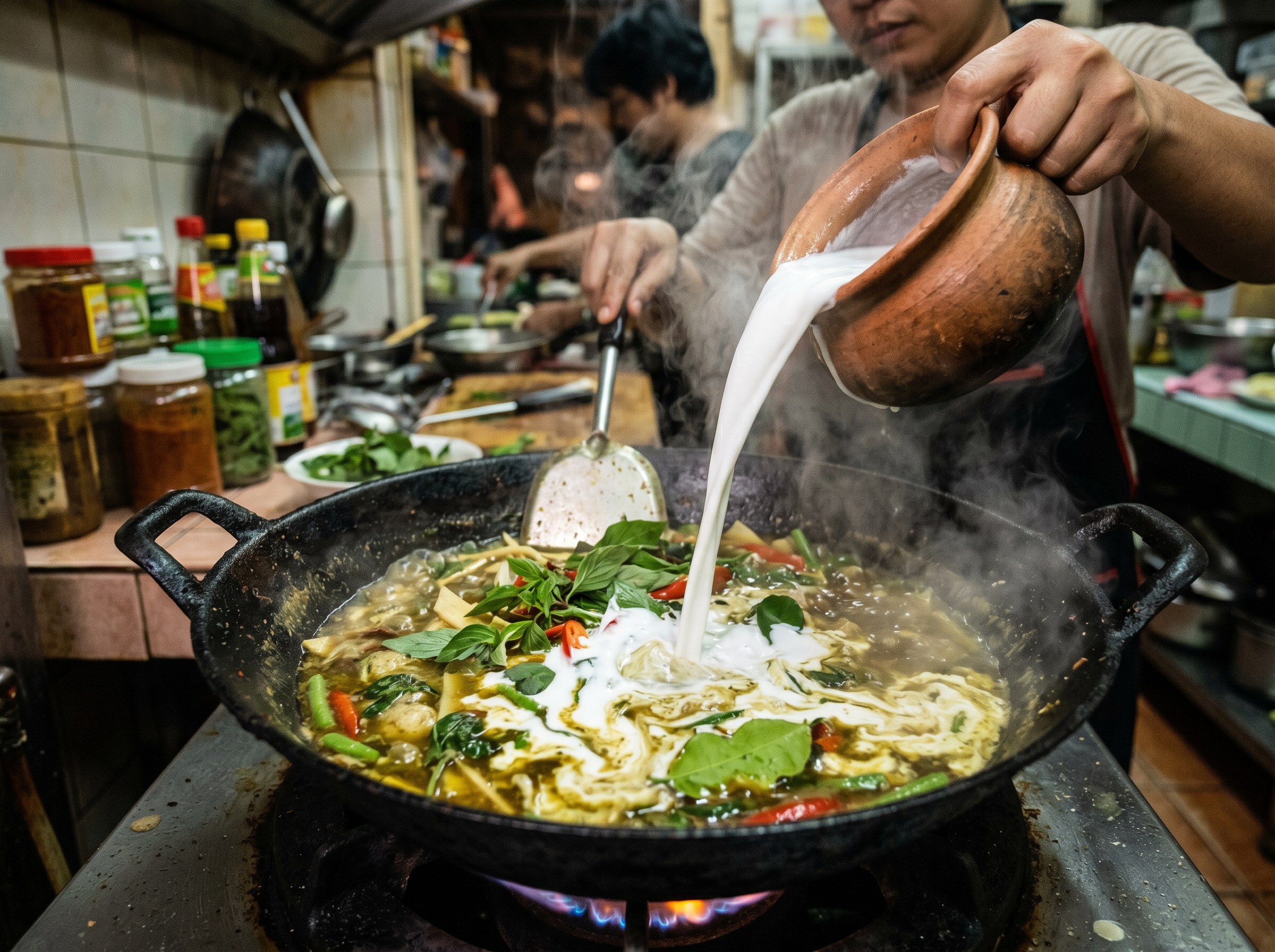 Vertiendo leche de coco blanca sobre curry verde con hierbas y berenjenas en wok, vapor y llama, cocina callejera thai