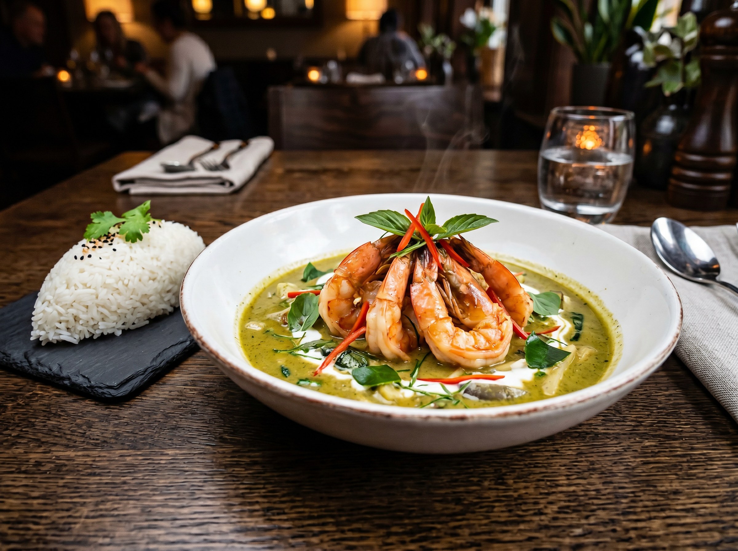 Curry thai verde con gambas grandes sobre salsa verde vibrante, arroz jazmín moldeado en pizarra al lado, restaurante en fondo