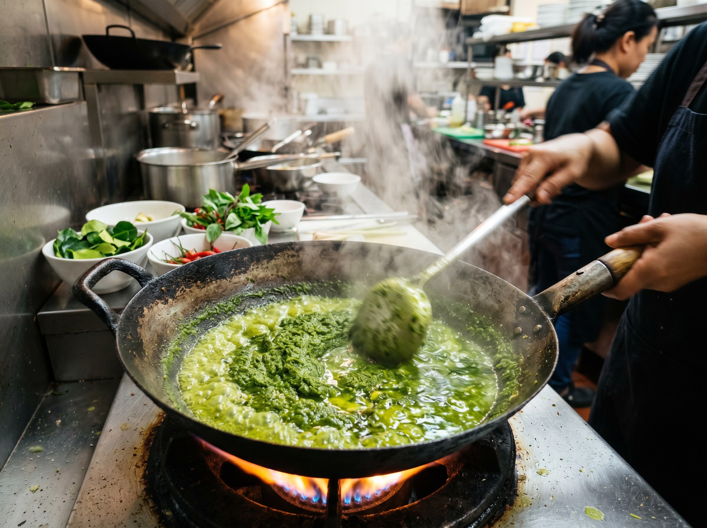Pasta de curry verde friéndose en wok negro con aceite separándose, vapor intenso y llama visible, cocina profesional al fondo