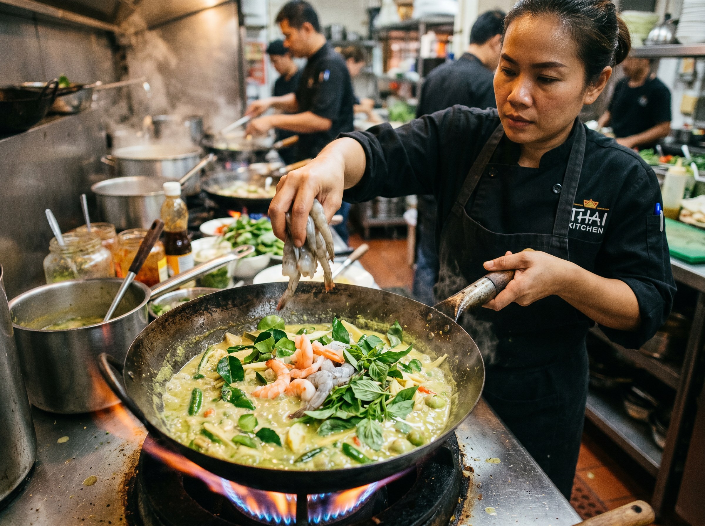 Chef thai con logo Thai Kitchen añadiendo gambas crudas al wok de curry verde, berenjenas y albahaca visibles, llama máxima