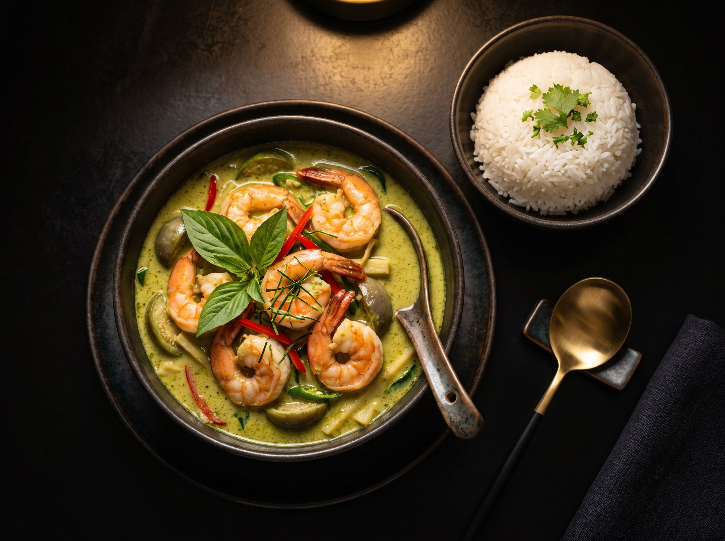 Curry thai verde con leche de coco, gambas y arroz jazmín