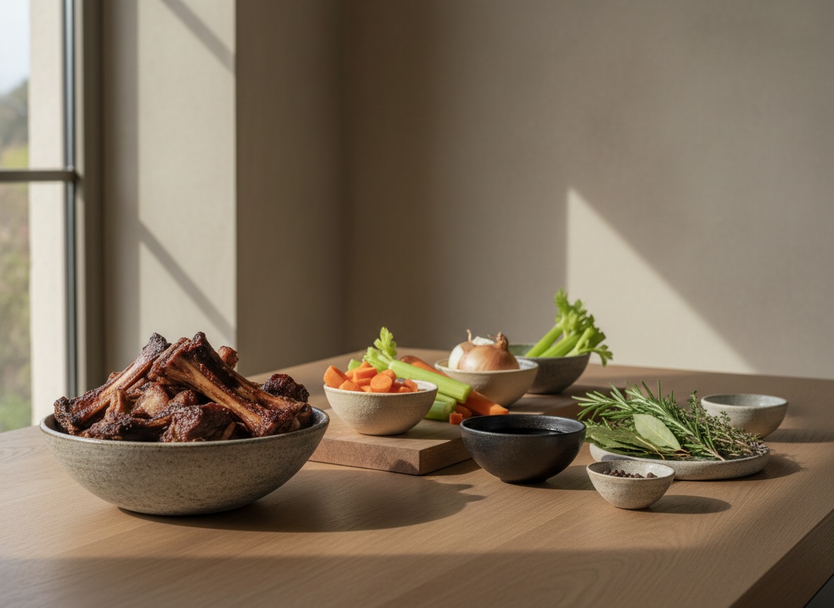 Huesos de ternera tostados, mirepoix, vino tinto y hierbas para la demi-glace, vistos de lado sobre tabla de roble, luz natural desde la izquierda.