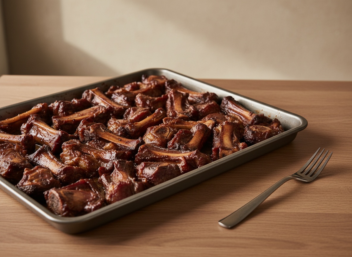 Huesos y recortes de ternera dorados y caoba en la bandeja de horno tras el tostado.