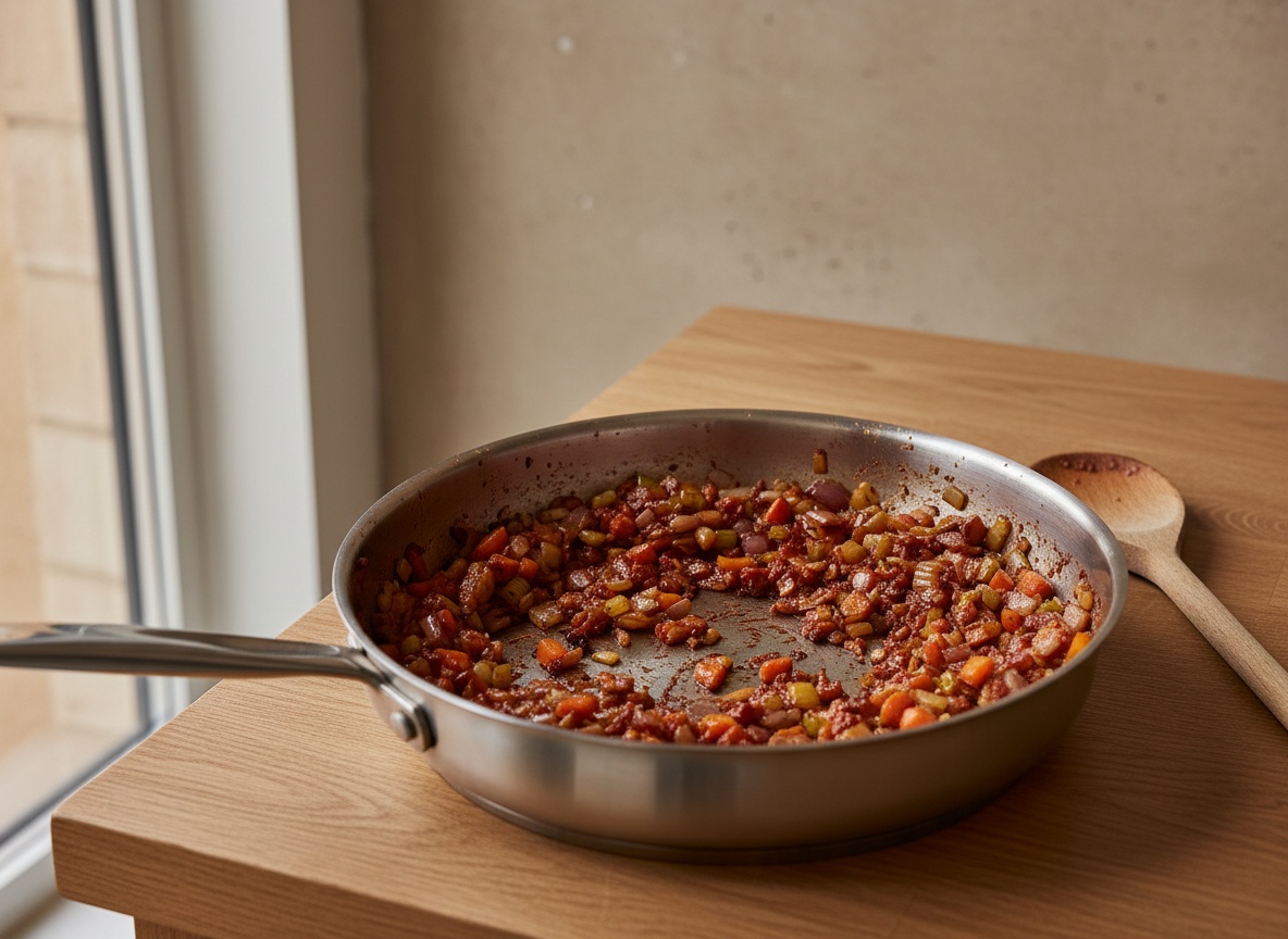 Mirepoix caramelizado con concentrado de tomate desglasado con vino tinto en la sartén.