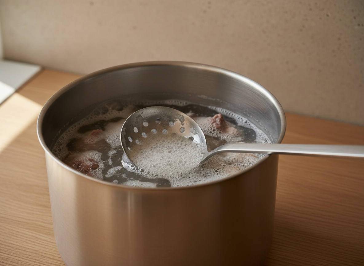 Olla alta con huesos cubiertos de agua fría y espuma grisácea retirándose con el cucharón.