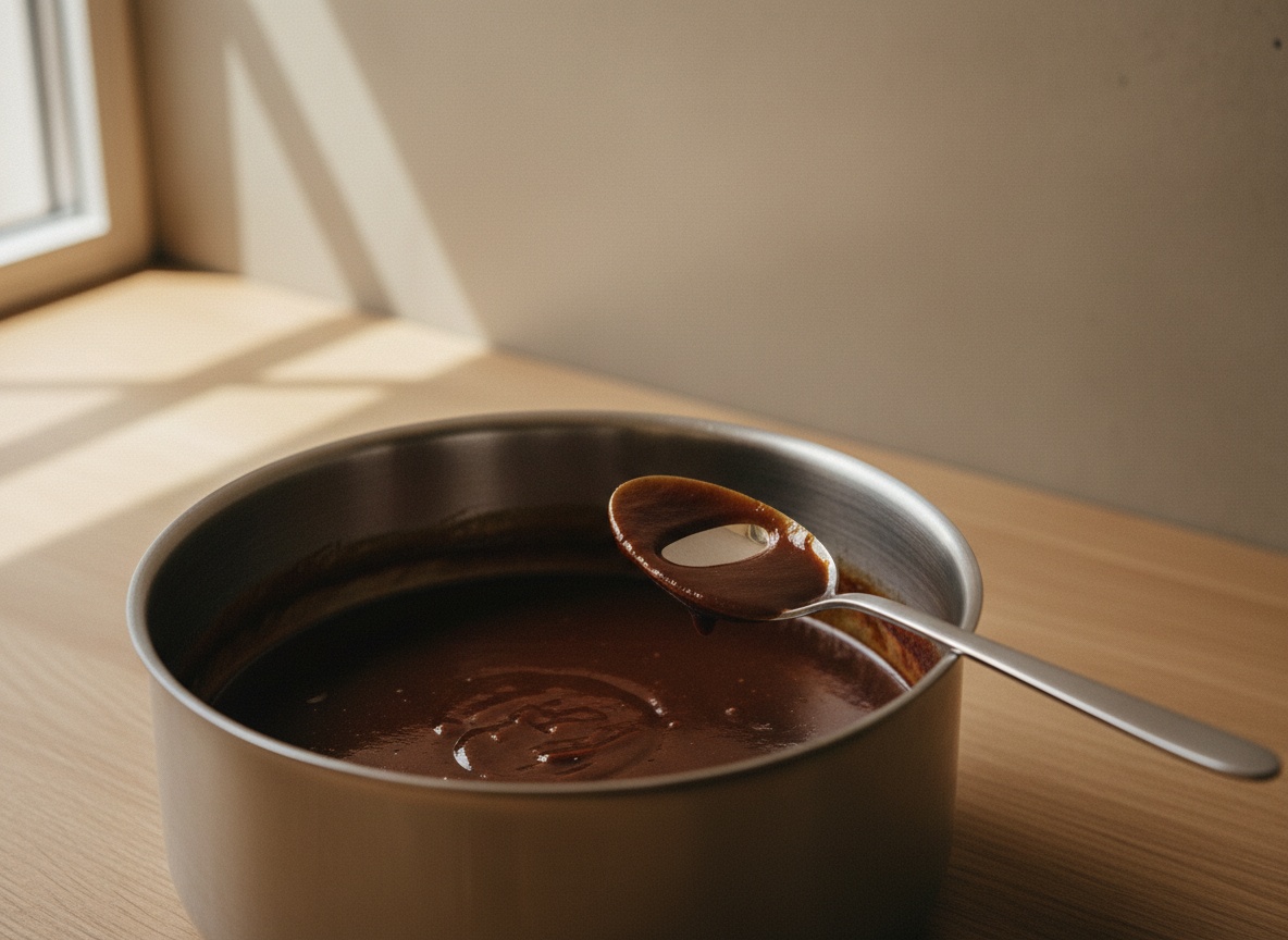 Demi-glace reducida napando el dorso de una cuchara con trazo firme del dedo.