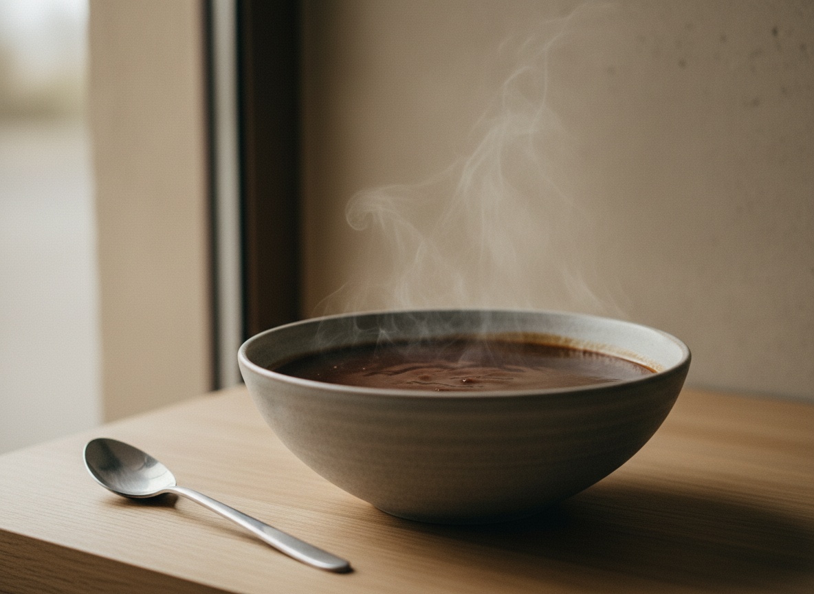 Demi-glace de ternera oscura y espejeante napando el dorso de una cuchara sobre un cuenco de cerámica artesanal color arcilla, con brillo gelatinoso y un hilo de vapor, luz natural suave desde la izquierda, superficie de roble.