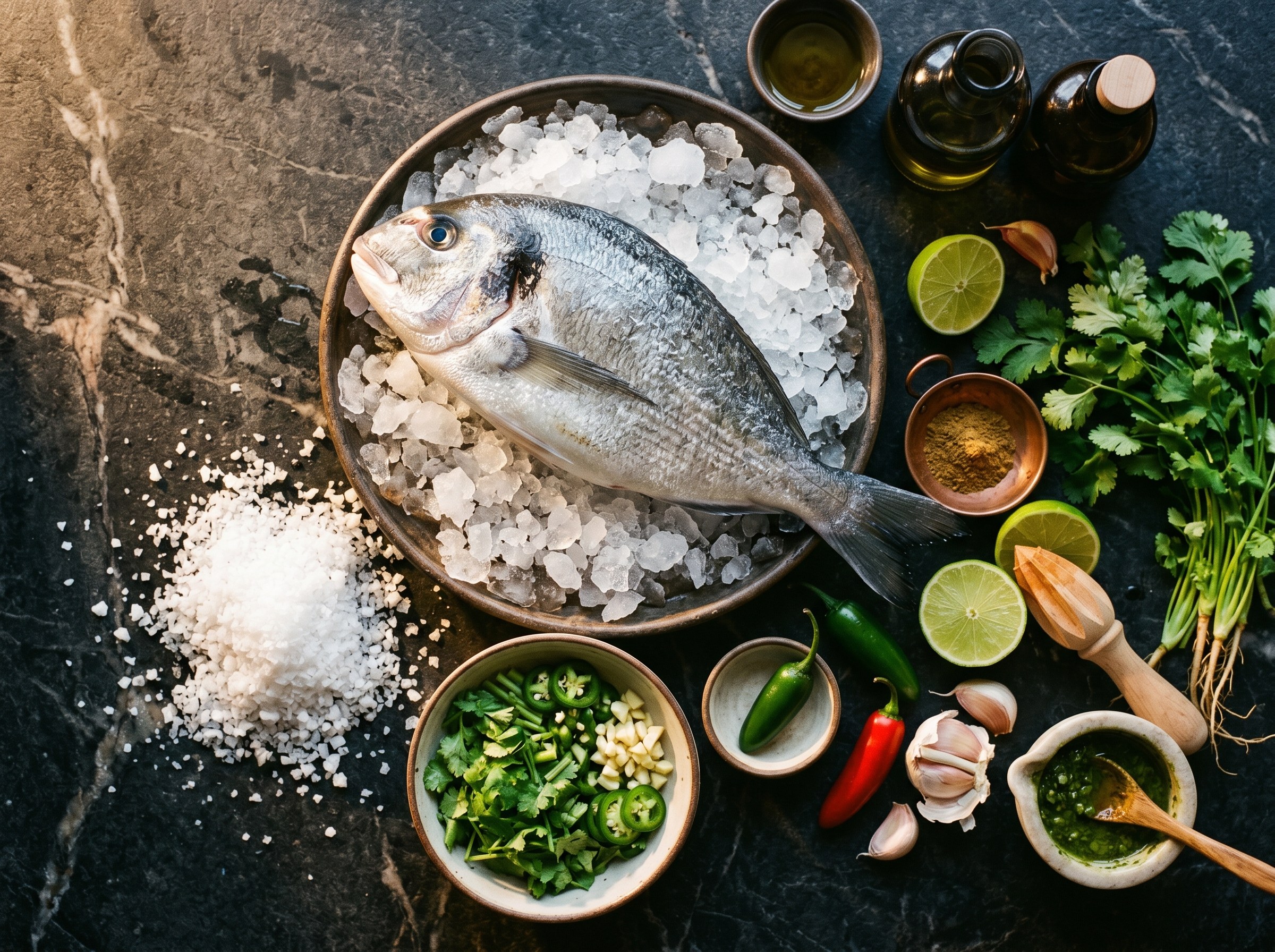 Mise en place: dorada entera sobre hielo en cuenco de barro, sal marina gruesa, jalapeños verdes y rojos, cilantro fresco, limas partidas, ajo, aceite, comino sobre mármol negro