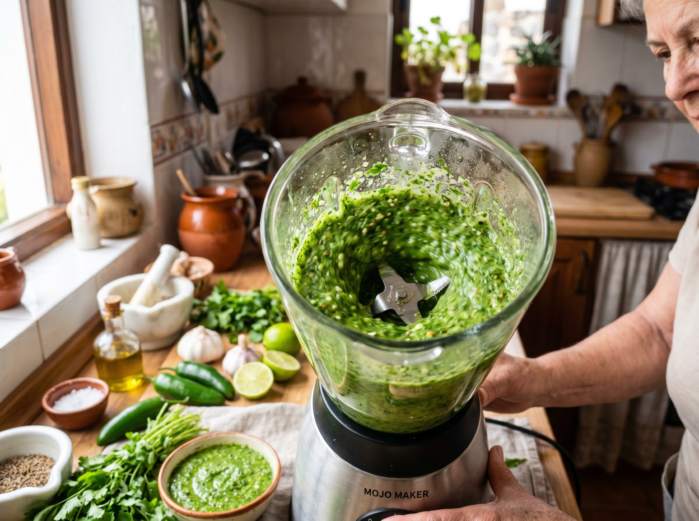 Batidora Mojo Maker triturando mojo verde brillante de cilantro y jalapeño, ingredientes frescos al fondo en cocina provenzal