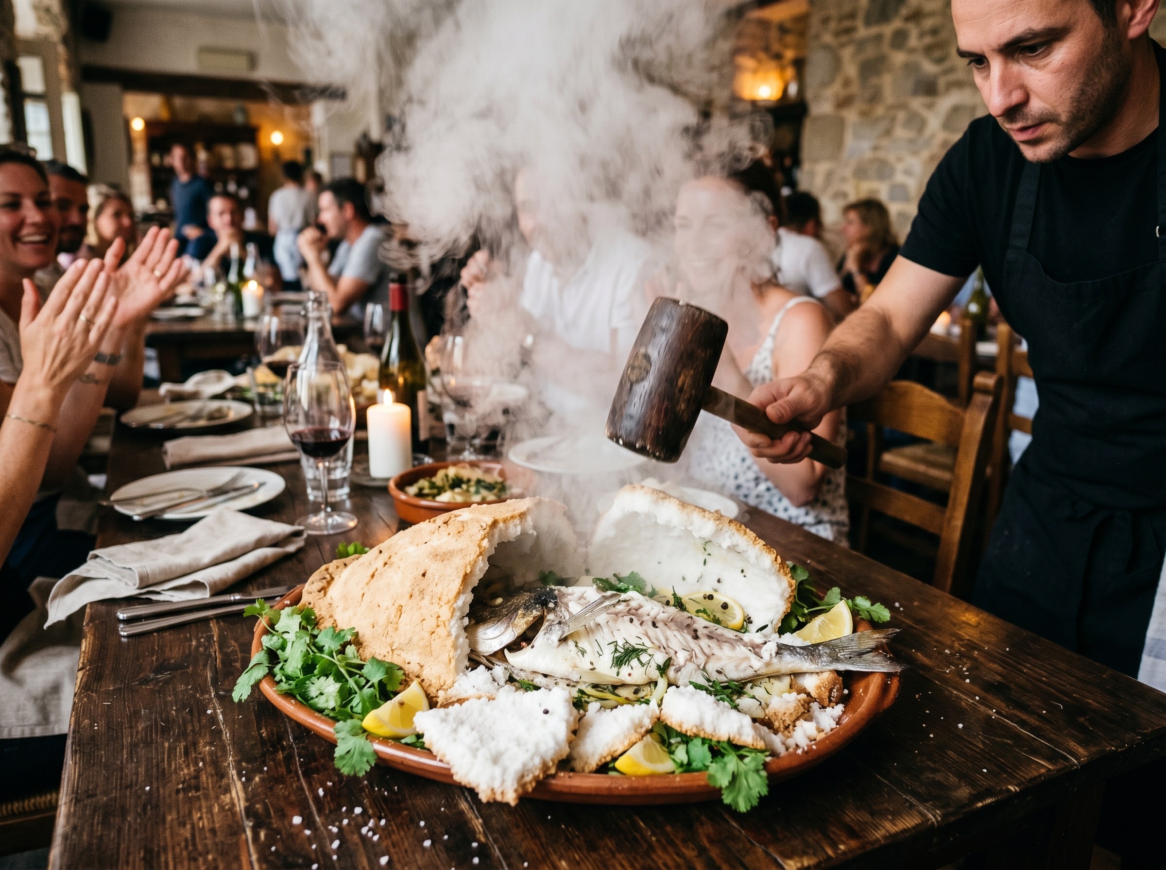 Chef con mazo de madera rompiendo la costra de sal en la mesa, nube de vapor aromático escapando, comensales aplaudiendo en restaurante rústico de piedra