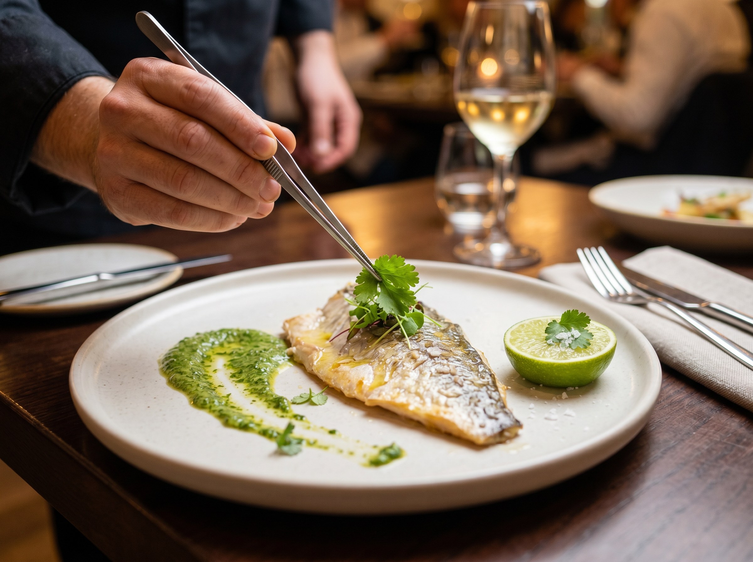 Pinzas colocando cilantro fresco sobre filete de dorada nacarado con mojo verde en plato blanco, copa de vino blanco al fondo en restaurante