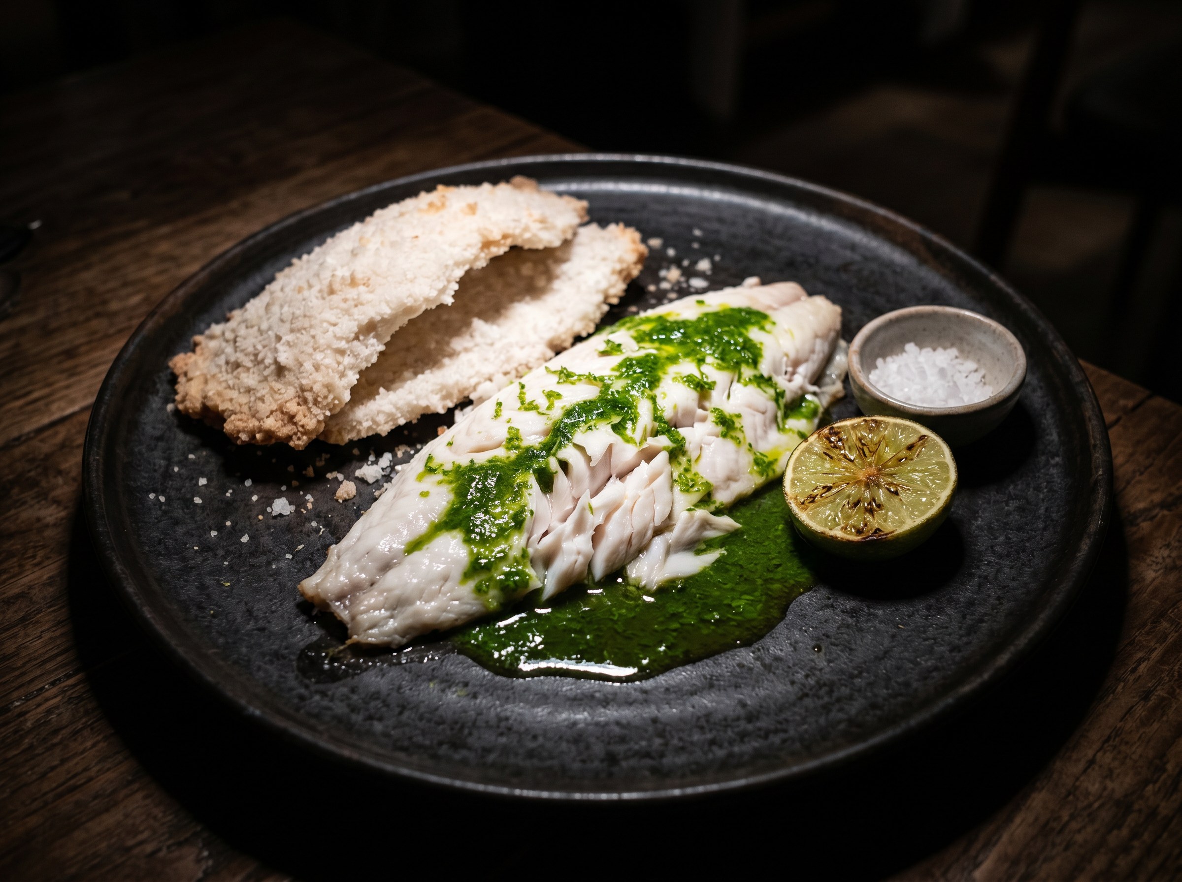 Dorada salvaje a la sal con mojo verde de cilantro y jalapeño