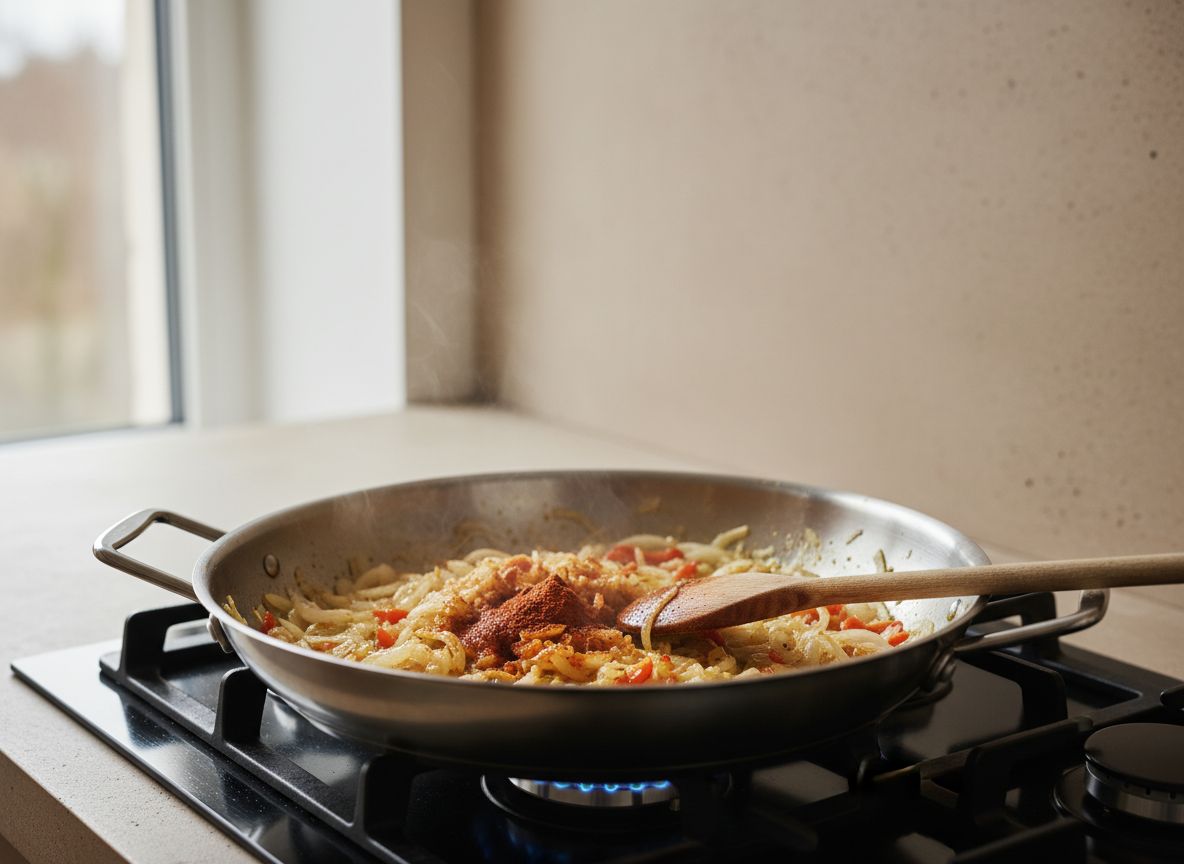 Sofrito de cebolla y pimiento pochandose en la sarten sobre el fuego