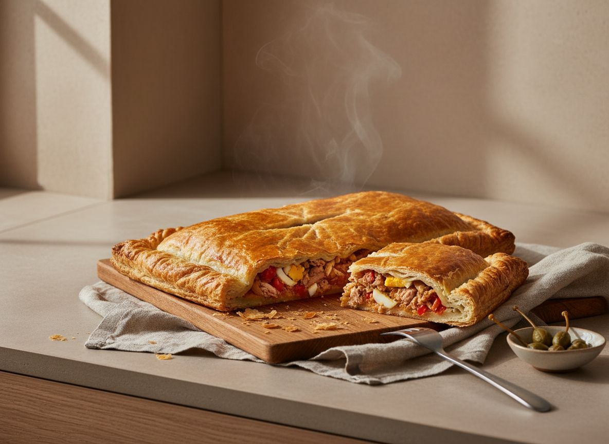 Empanada de hojaldre de atun horneada y dorada, con una porcion cortada