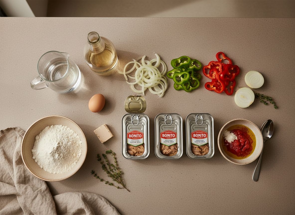 Ingredientes de la empanada gallega: harina, vino, huevo, bonito, cebolla, pimientos y tomate