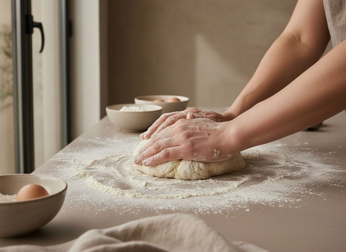 Amasado a mano de la masa de la empanada sobre la encimera enharinada