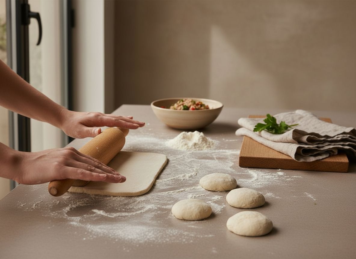 Estirado fino de la masa de la empanada con el rodillo