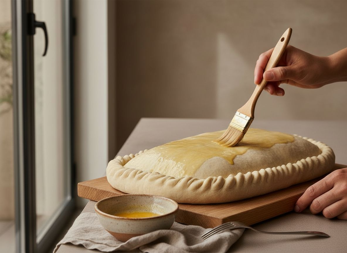 Pincelado con huevo de la empanada gallega antes de hornear