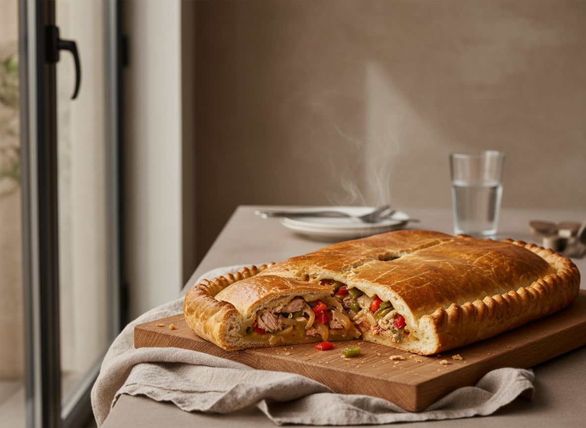 Empanada gallega de bonito horneada, con una porcion cortada mostrando el relleno