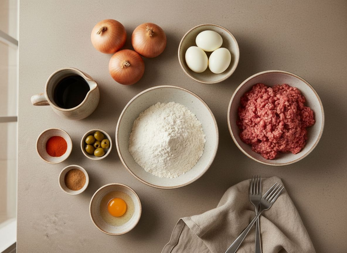 Bodegon cenital con los ingredientes de las empanadillas criollas: harina, carne picada, cebolla, huevos, aceitunas y especias