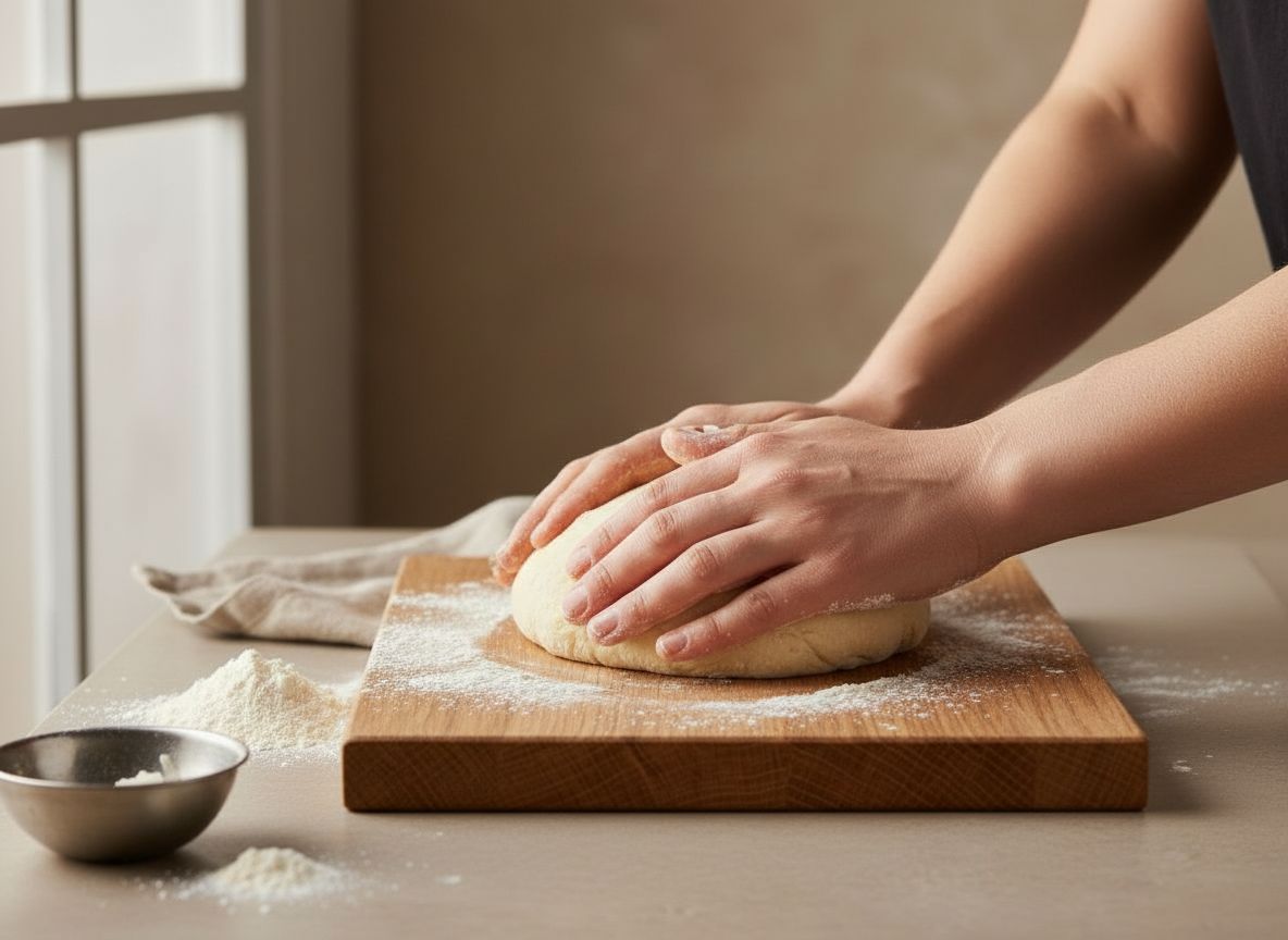 Amasando la masa de las empanadillas sobre una tabla de roble