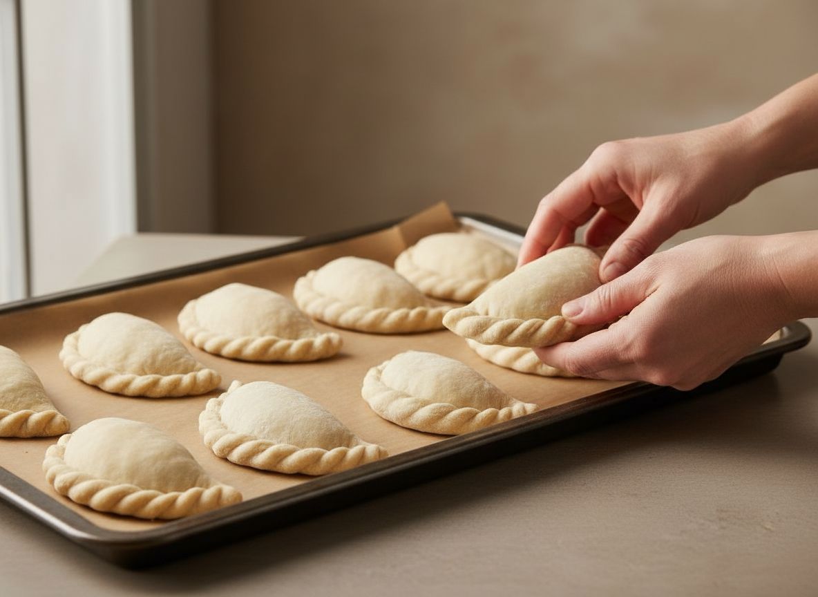 Empanadillas crudas con el repulgue trenzado a mano sobre la bandeja