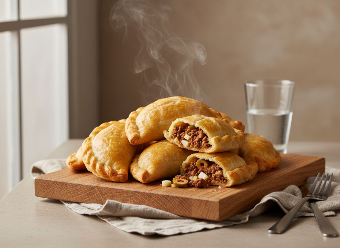 Empanadillas criollas horneadas y doradas, una abierta mostrando el relleno de carne, sobre tabla de roble