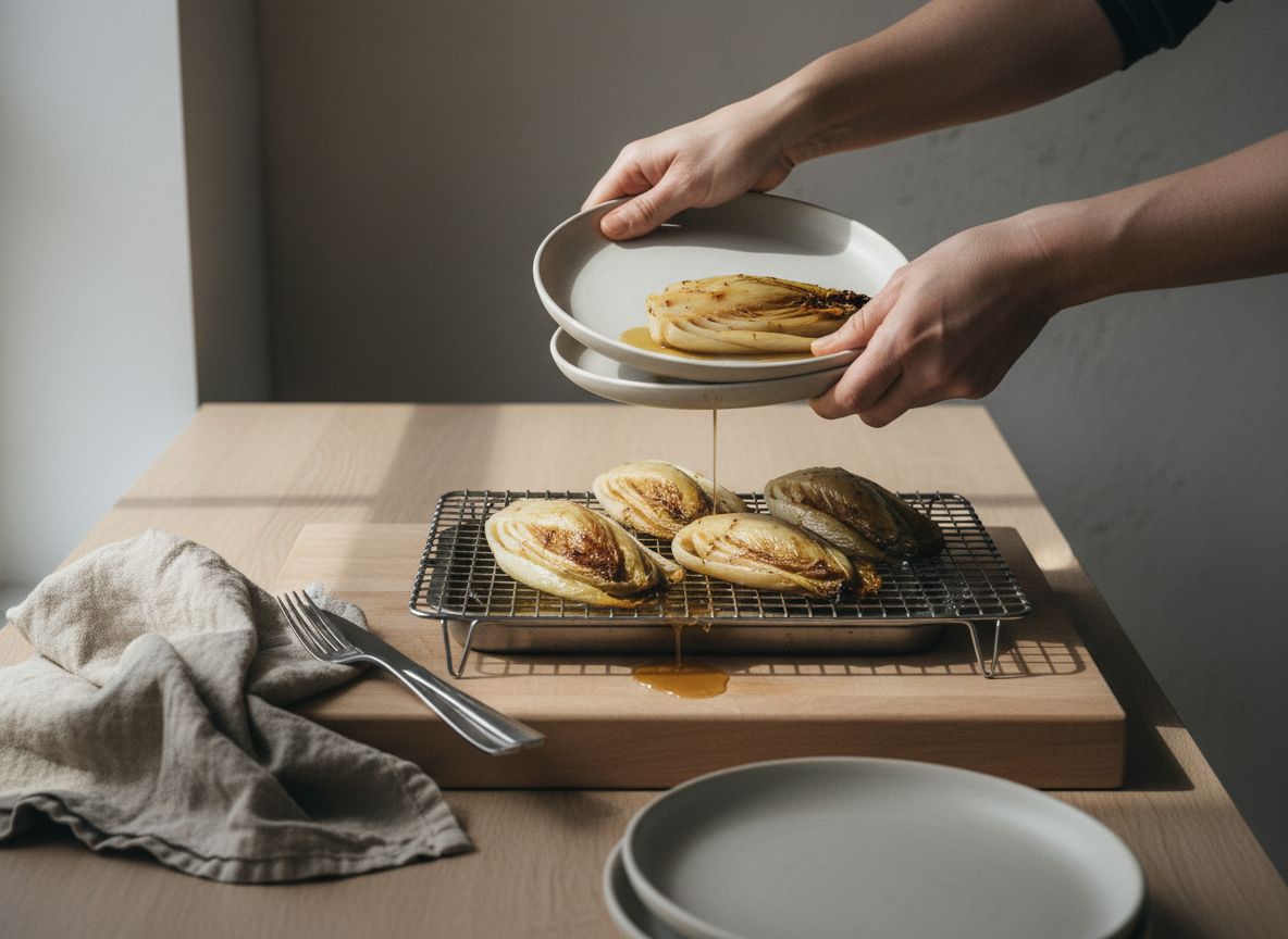 Escurre las endivias sobre una rejilla durante 10 minutos y después apriétalas suavemente entre dos platos, o con l