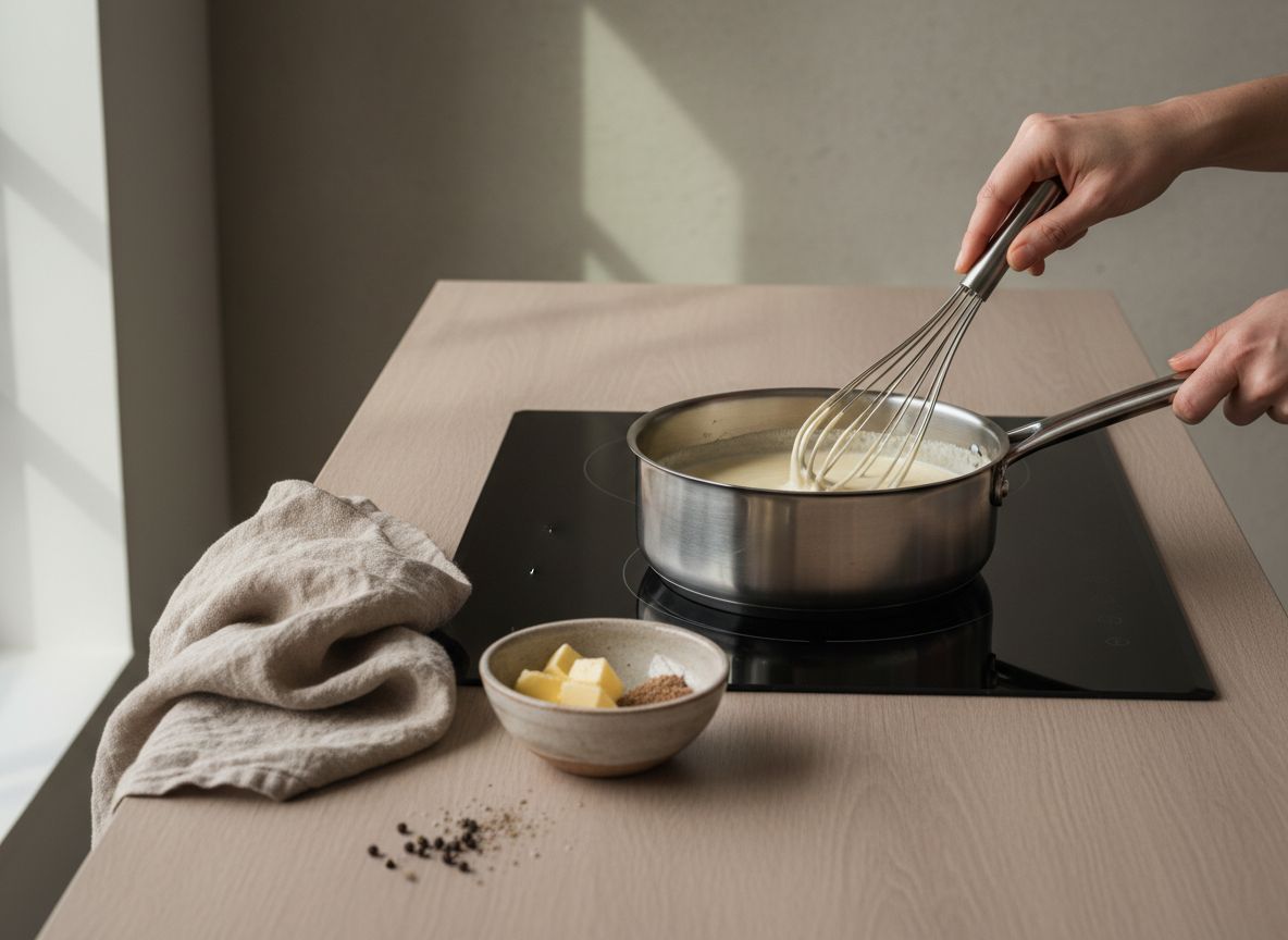 Bechamel: funde los 40 g de mantequilla, añade los 40 g de harina y cocina el roux 2 minutos removiendo sin que lle