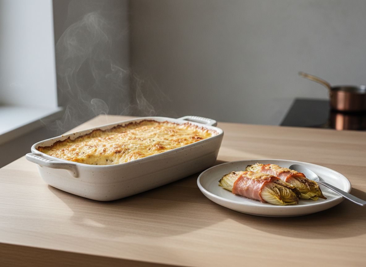 Endivias envueltas en jamón bajo una bechamel gratinada dorada y burbujeante con queso Comté, en fuente de cerámica, una servida en plato blanco hueso