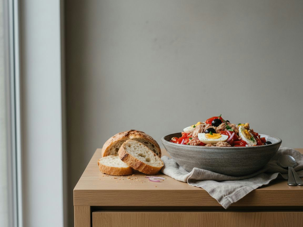 Ensalada murciana o mojete con tomate en conserva, atún, huevo duro, cebolla y aceitunas negras