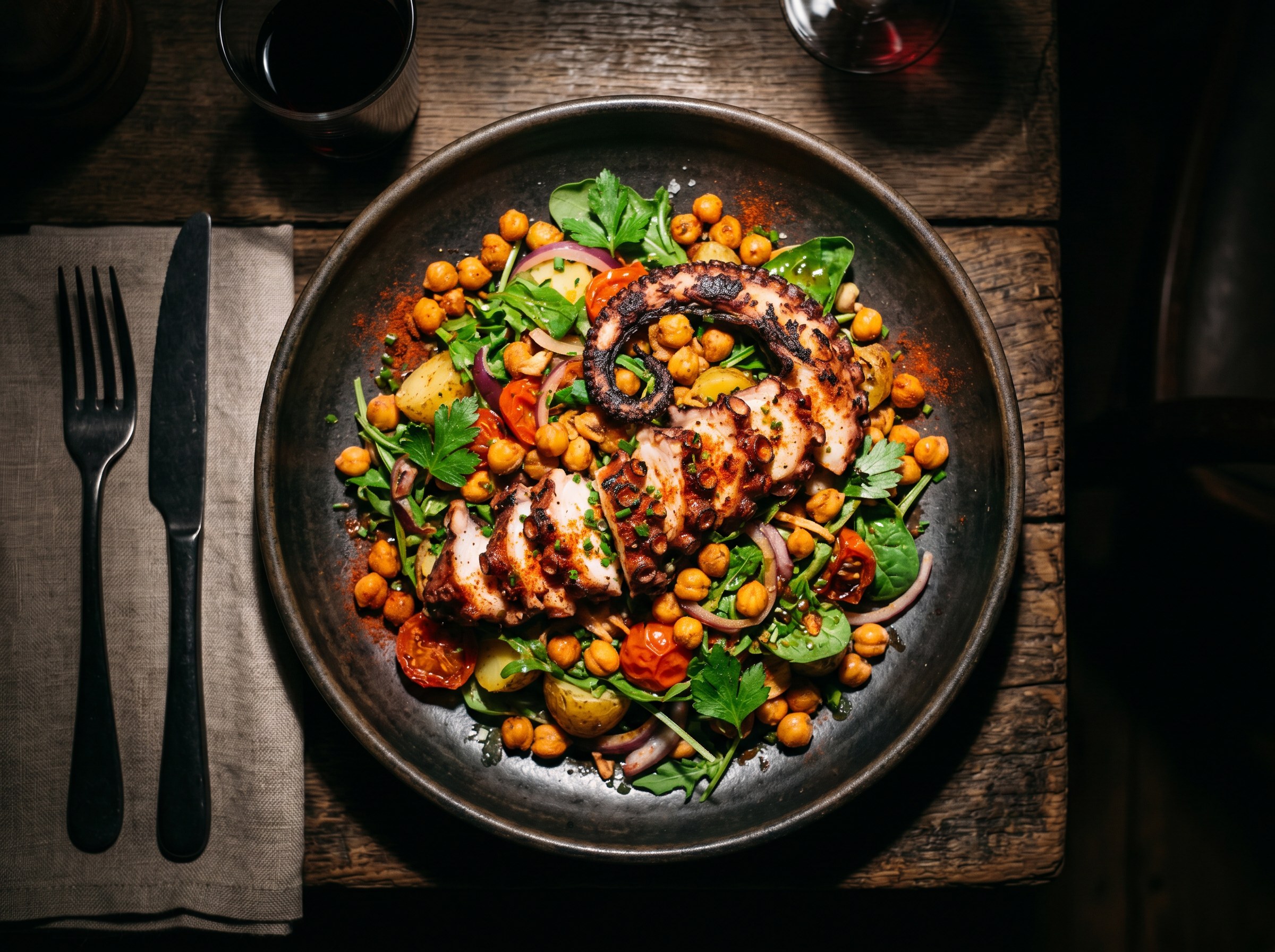 Hero final: ensalada tibia de pulpo a la brasa con garbanzos y pimentón