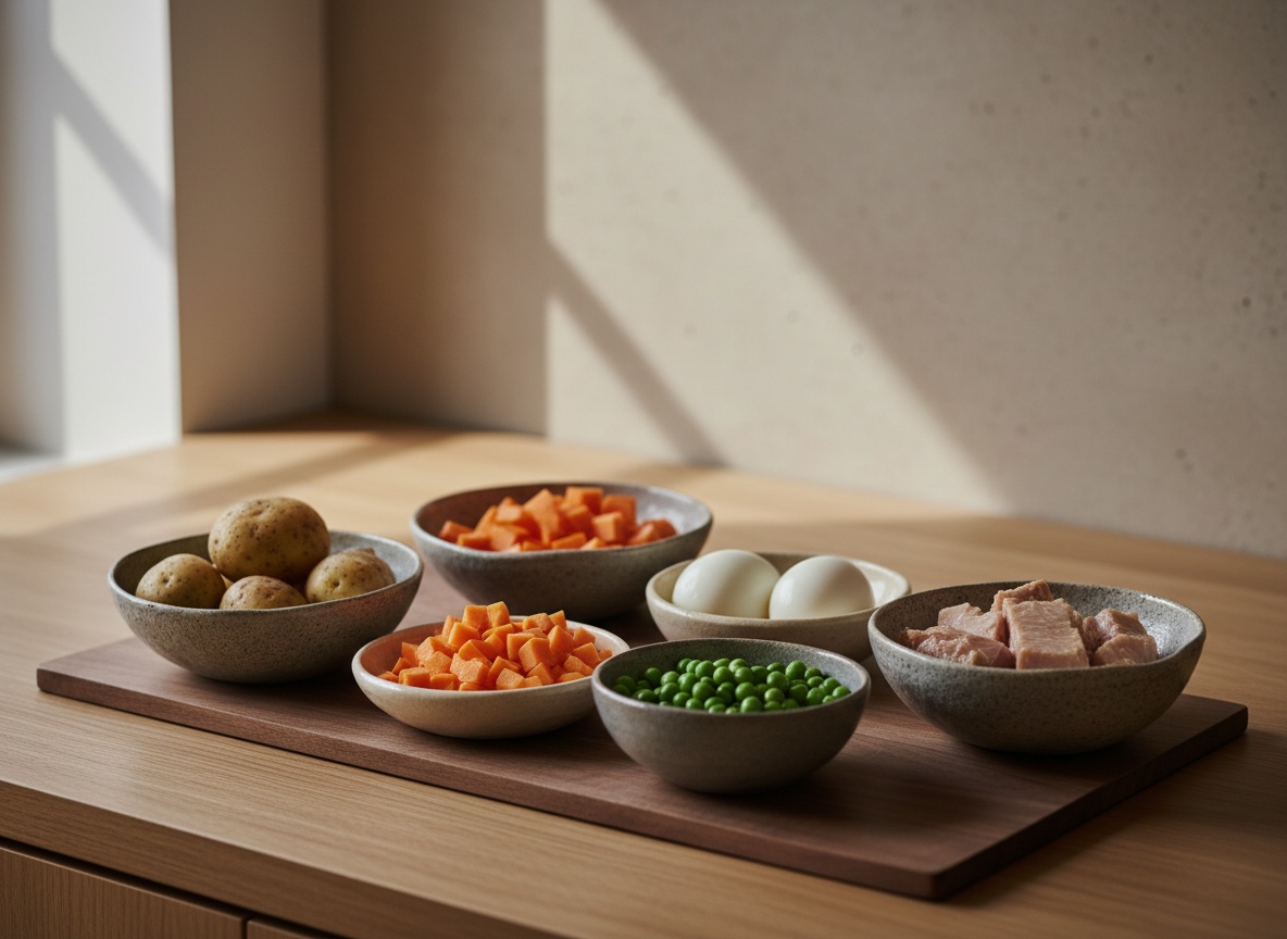 Ingredientes de la ensaladilla rusa —patatas, zanahoria, guisantes, huevos y ventresca en cuencos— vistos de lado sobre tabla de roble mate.