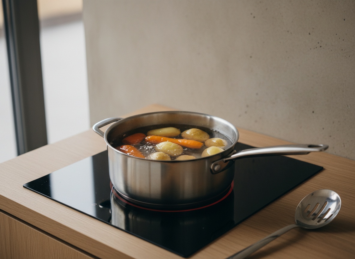 Patatas y zanahorias enteras con piel cociéndose en la olla partiendo de agua fría con sal.