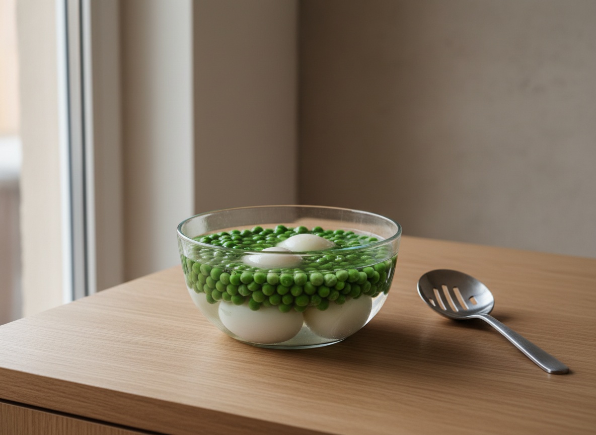 Huevos duros y guisantes escaldados enfriándose en un bol con agua y hielo para cortar la cocción.