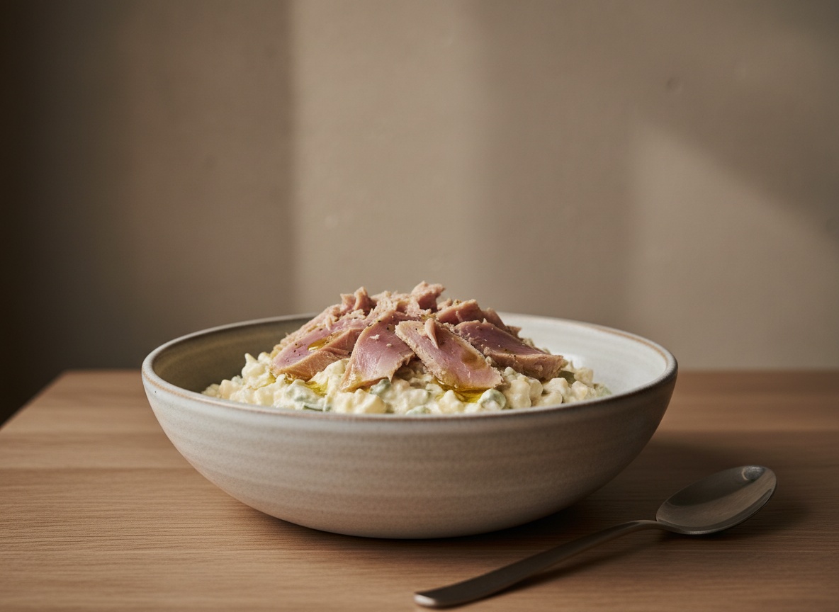 Ensaladilla rusa cremosa coronada con lomos de ventresca de atún y un hilo de aceite de oliva, servida en cerámica gris hueso sobre una superficie de roble mate con luz natural.