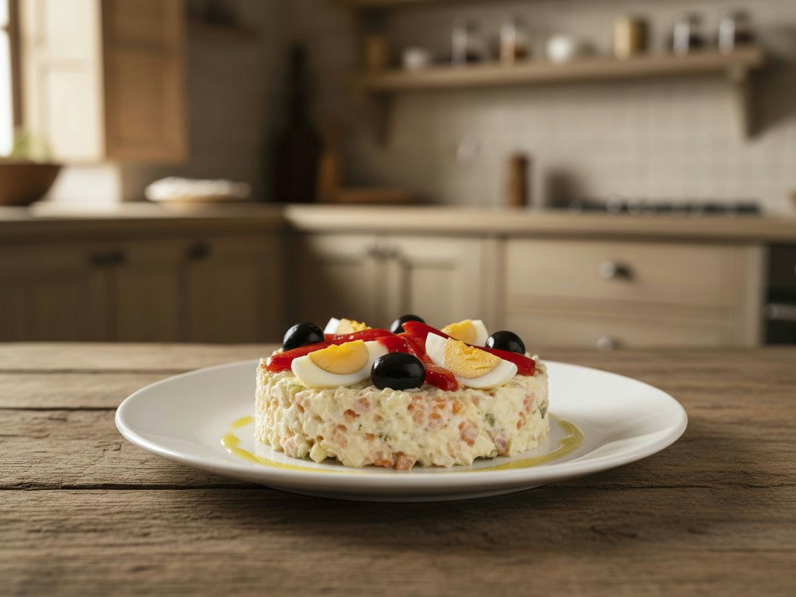 Ensaladilla rusa cremosa y bien montada en plato blanco, coronada con huevo, aceitunas negras, tiras de pimiento y un hilo de aceite de oliva.