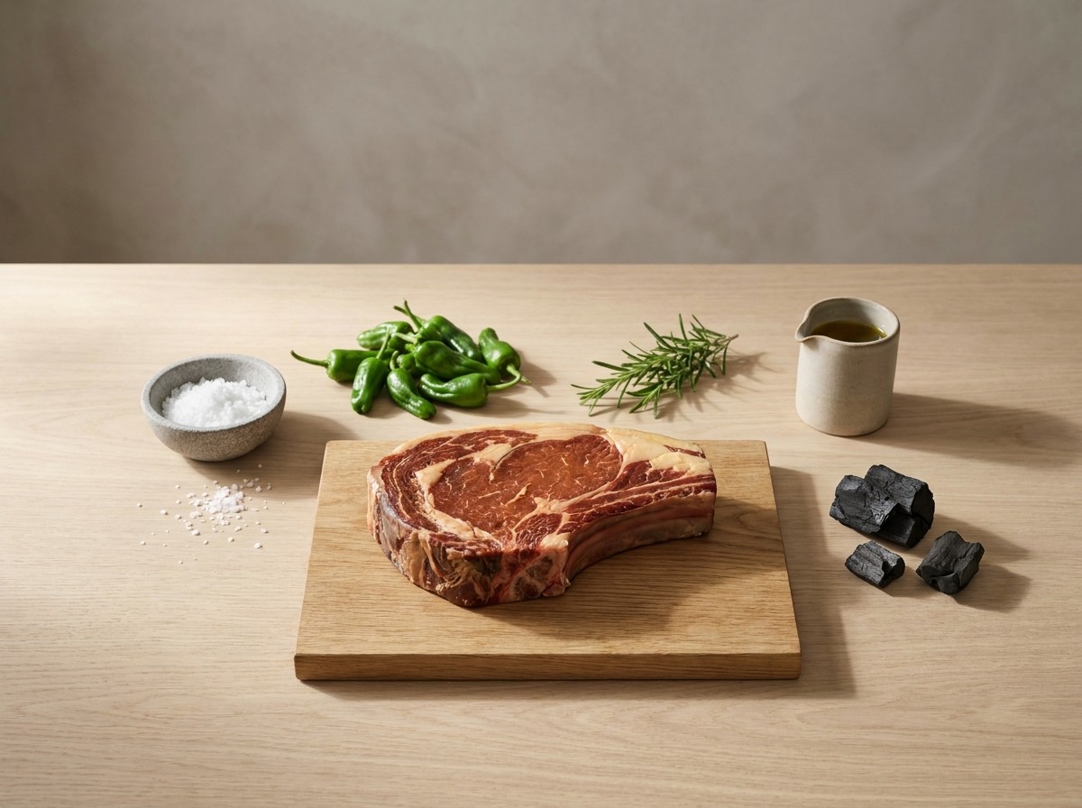 Ingredientes: entrecot de Rubia Gallega madurado, sal gruesa, pimientos de Padrón, romero, aceite y carbón de encina
