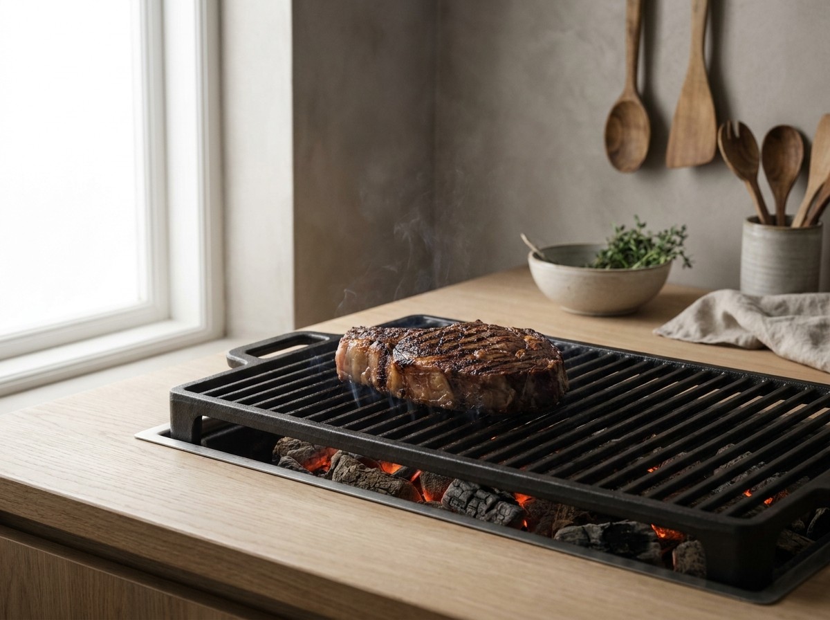 Entrecot marcándose por la primera cara con las rejas de la parrilla