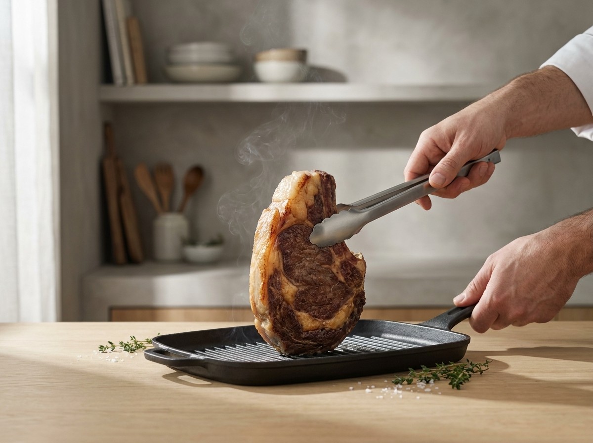 Entrecot de pie sellando el borde de grasa sobre la brasa