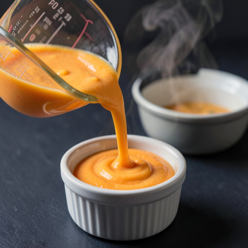 Vertido de la crema de coral en ramekin — baño María a 88°C