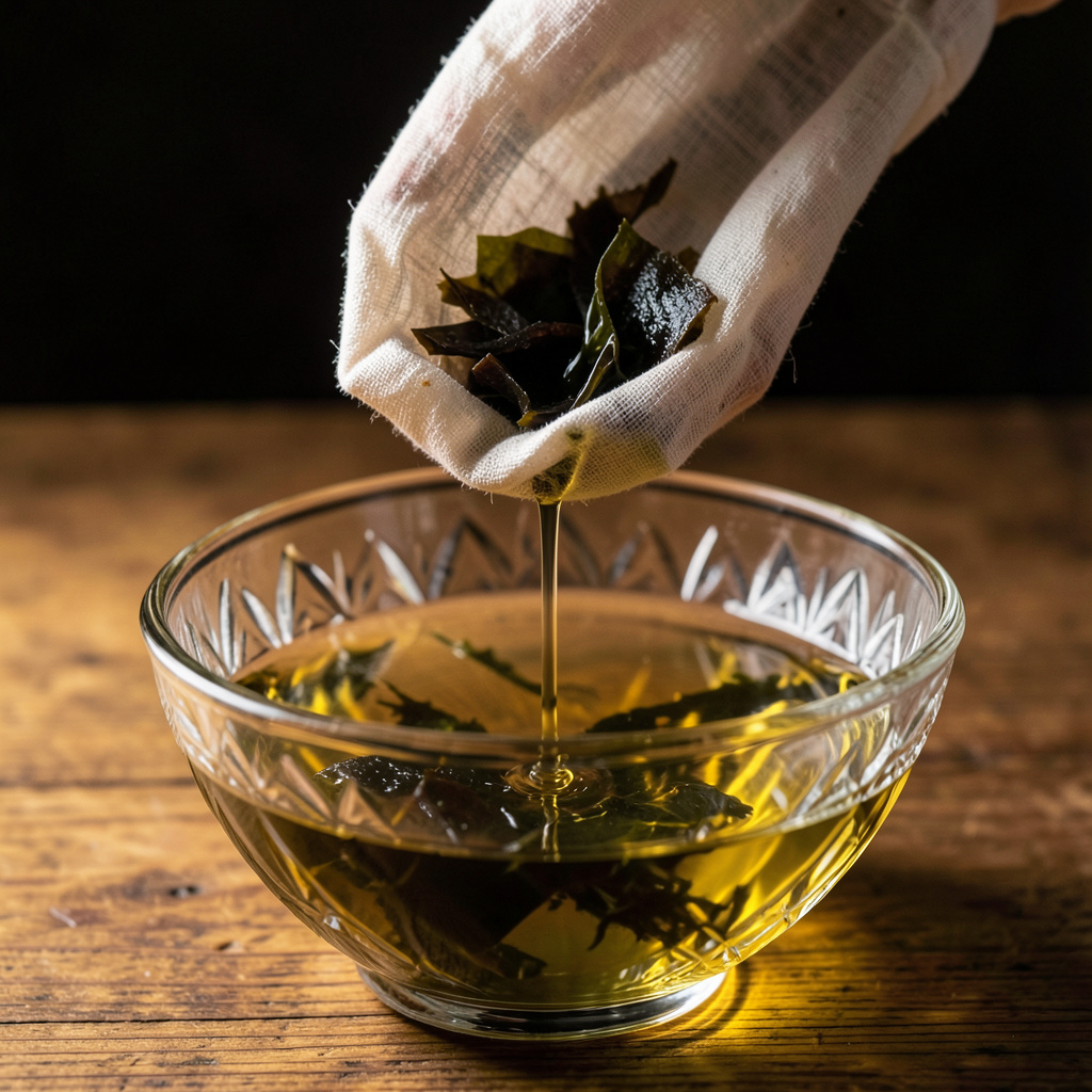 Dashi de alga codium colado por muselina por gravedad — caldo verde transparente