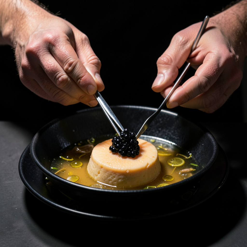 Acabado con pinzas — shiso morado y flores de borraja sobre el caviar