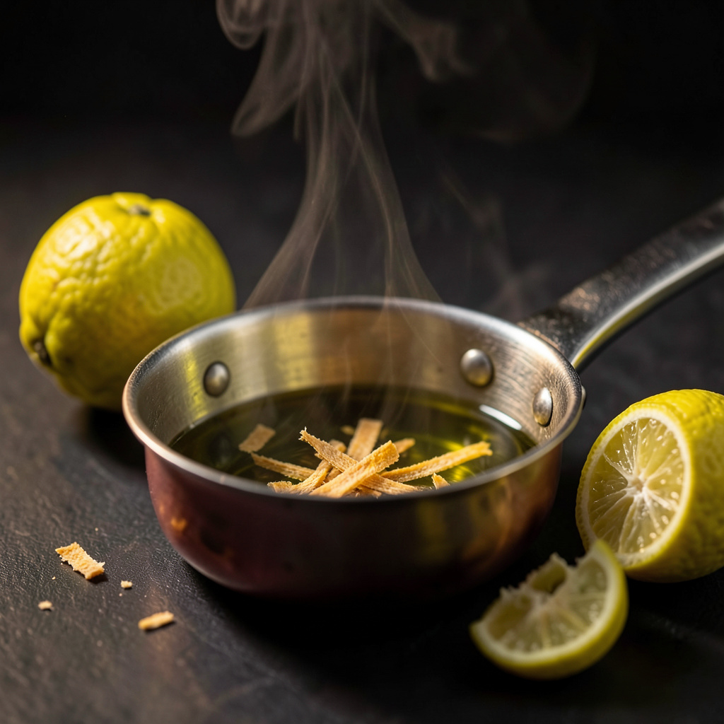 Aceite de bergamota infusionando a 55°C en cazuela con ralladura cítrica