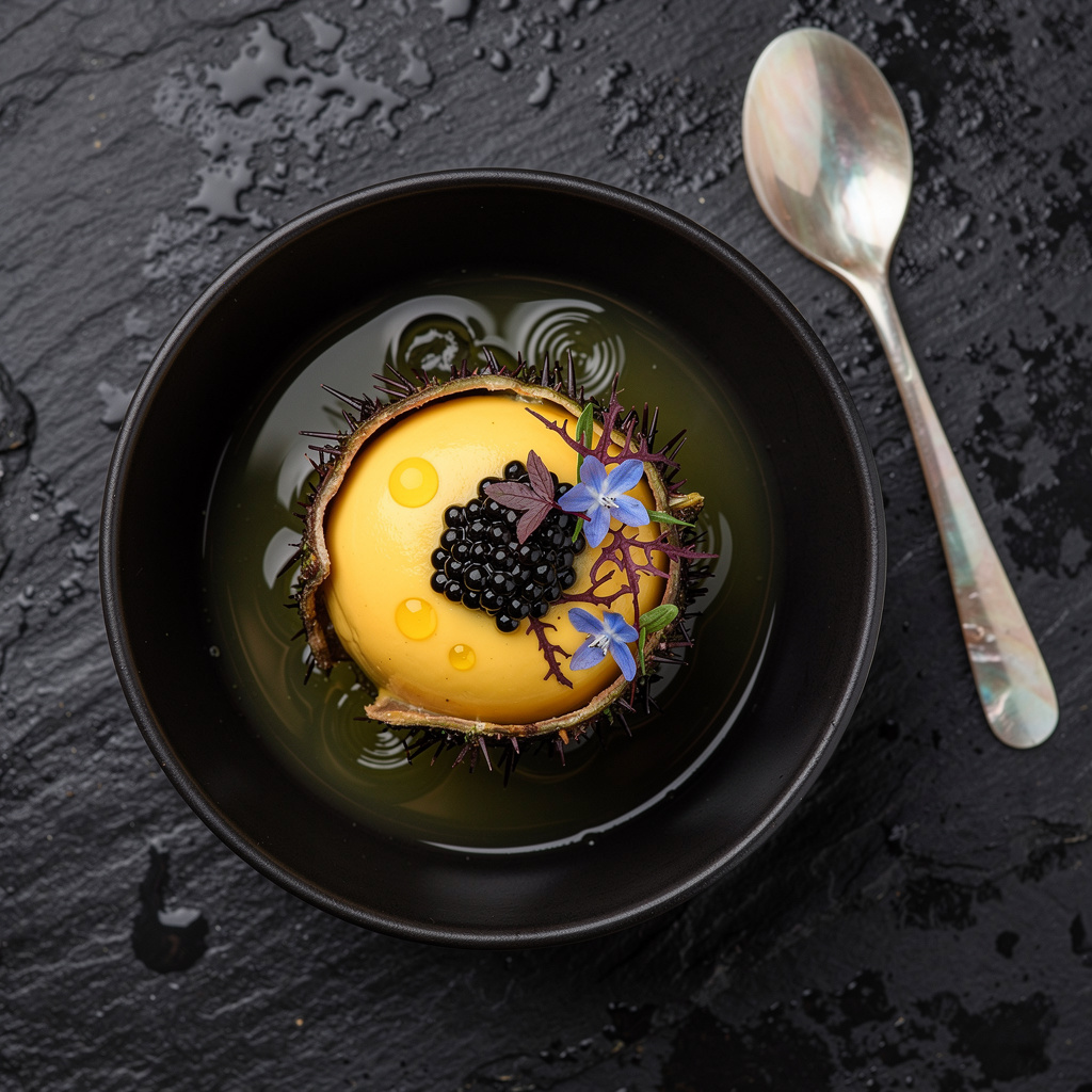 Royale de coral de erizo gallego en caparazón con caviar Osetra, dashi de alga codium y aceite de bergamota