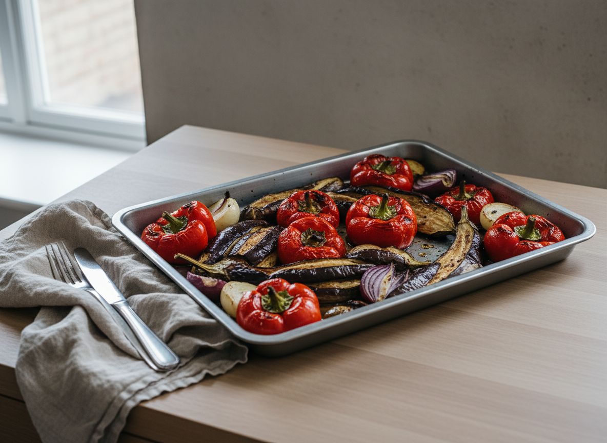 Asa las verduras enteras sobre la bandeja a 220 °C: las berenjenas y los pimientos entre 45 y 50 minutos girándolos