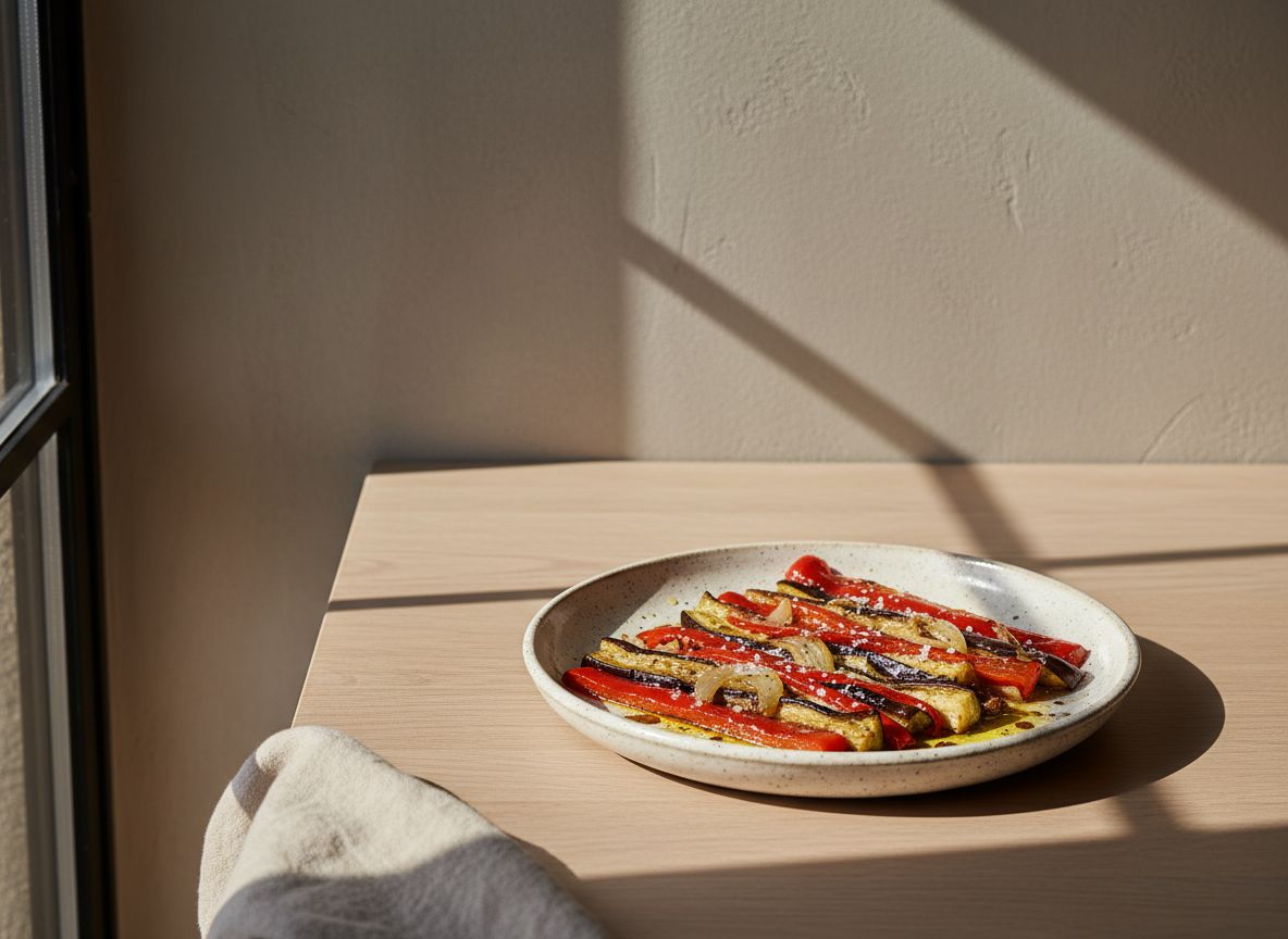 Franjas de escalivada catalana — pimiento rojo, berenjena y cebolla asados — brillantes de aceite con filetes de anchoa por encima, en fuente de cerámica blanco hueso