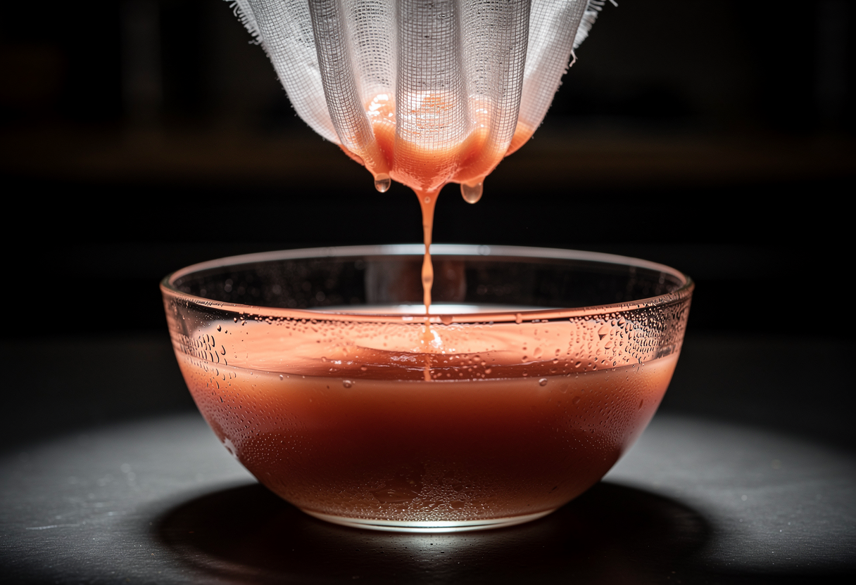 Gazpacho cristalino filtrándose por estameña en cuenco de vidrio con condensación
