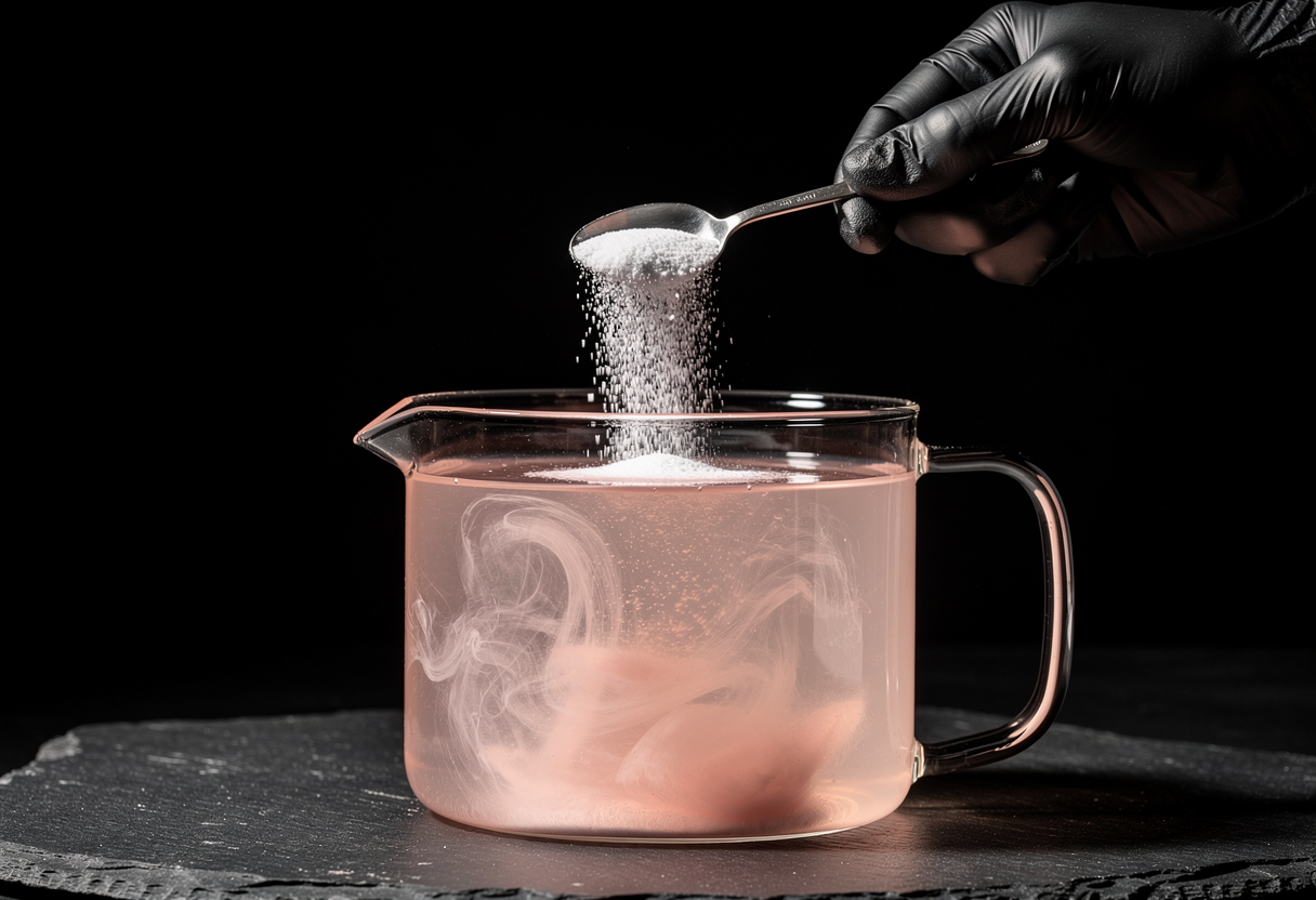Cloruro cálcico en polvo cayendo en gazpacho rosado pálido con volutas blancas