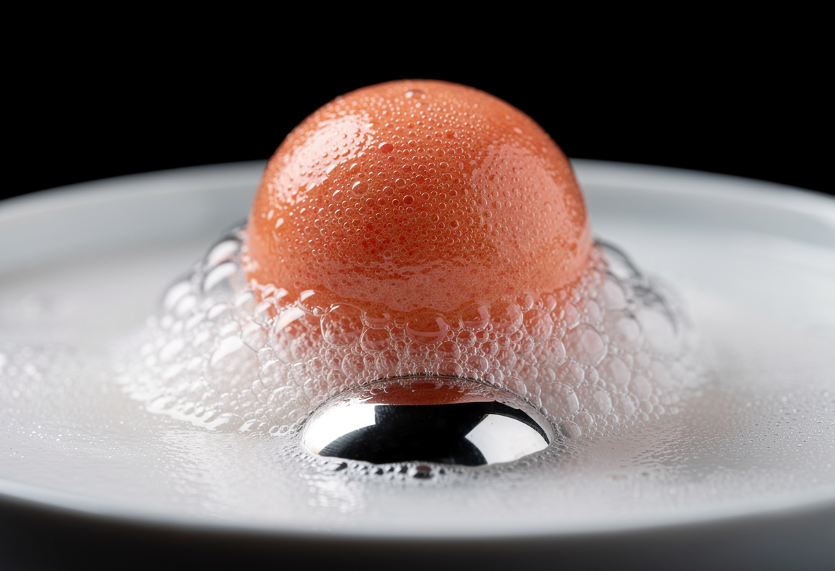 Esfera perfecta de gazpacho rojo formándose en baño de alginato con burbujas
